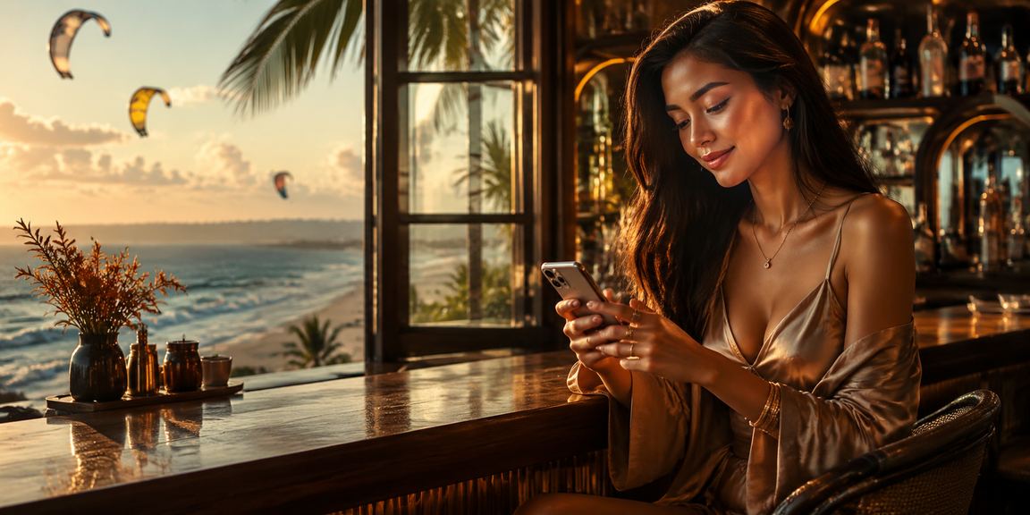 Người dùng tại Mũi Né kiểm tra thưởng hoàn tiền cashback trên ứng dụng di động bên tách cà phê