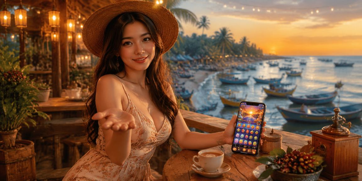 Người dùng tại Mũi Né thưởng thức cà phê và trải nghiệm casino trực tuyến trên điện thoại